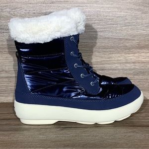 Sperry Bearing Plushwave Shimmer Nylon Faux Fur Navy Blue Boot Sz- 8.5